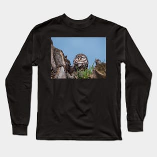 Little owl perched on at tree trunk Long Sleeve T-Shirt